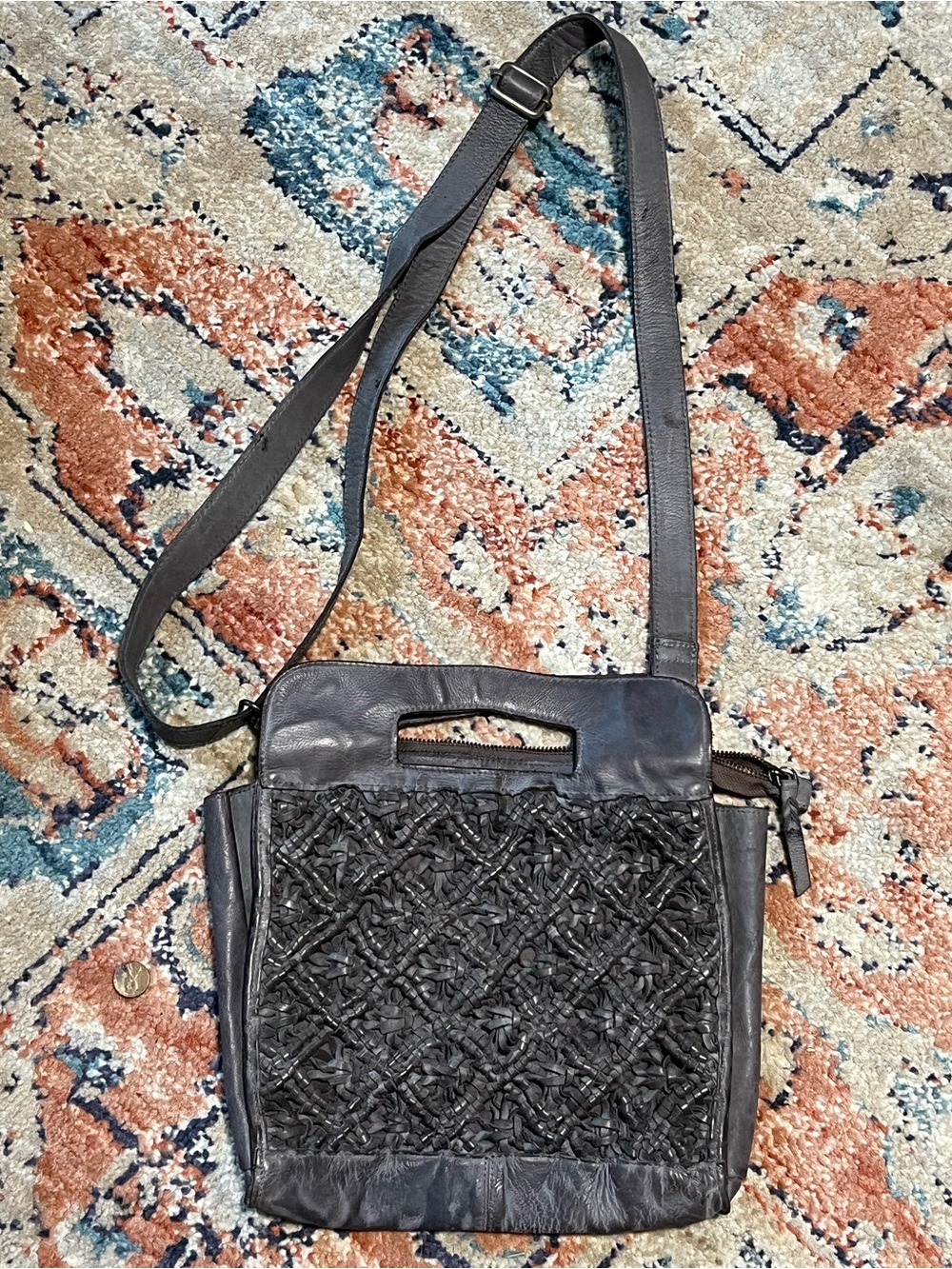 Latico Woven Front leather Crossbody Bag in Dark Gray